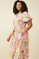 HY9566W Pink Plus Floral Print Puff Sleeve Collared Dress Gif