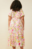HY9566W Pink Plus Floral Print Puff Sleeve Collared Dress Front
