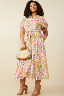 HY9566W Pink Plus Floral Print Puff Sleeve Collared Dress Side