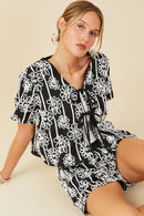 HY9572W Black Plus Daisy Embroidered Tie Closure Top Front