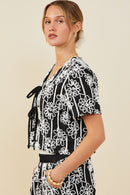 HY9572 Black Womens Daisy Embroidered Tie Closure Top Full Body