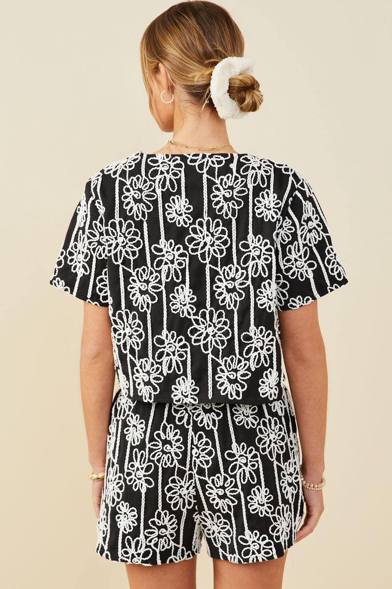 HY9572 Black Womens Daisy Embroidered Tie Closure Top Side