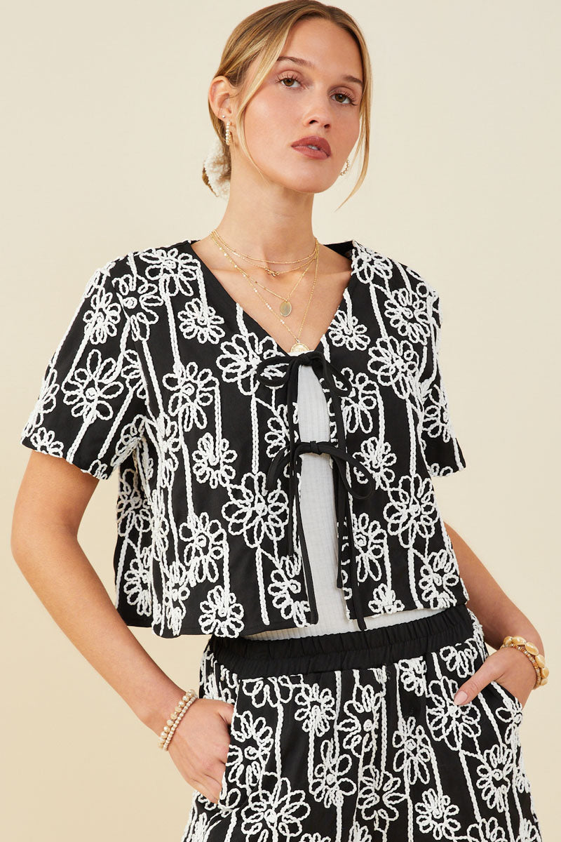 HY9572 Black Womens Daisy Embroidered Tie Closure Top Back