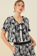 HY9572 Black Womens Daisy Embroidered Tie Closure Top Back