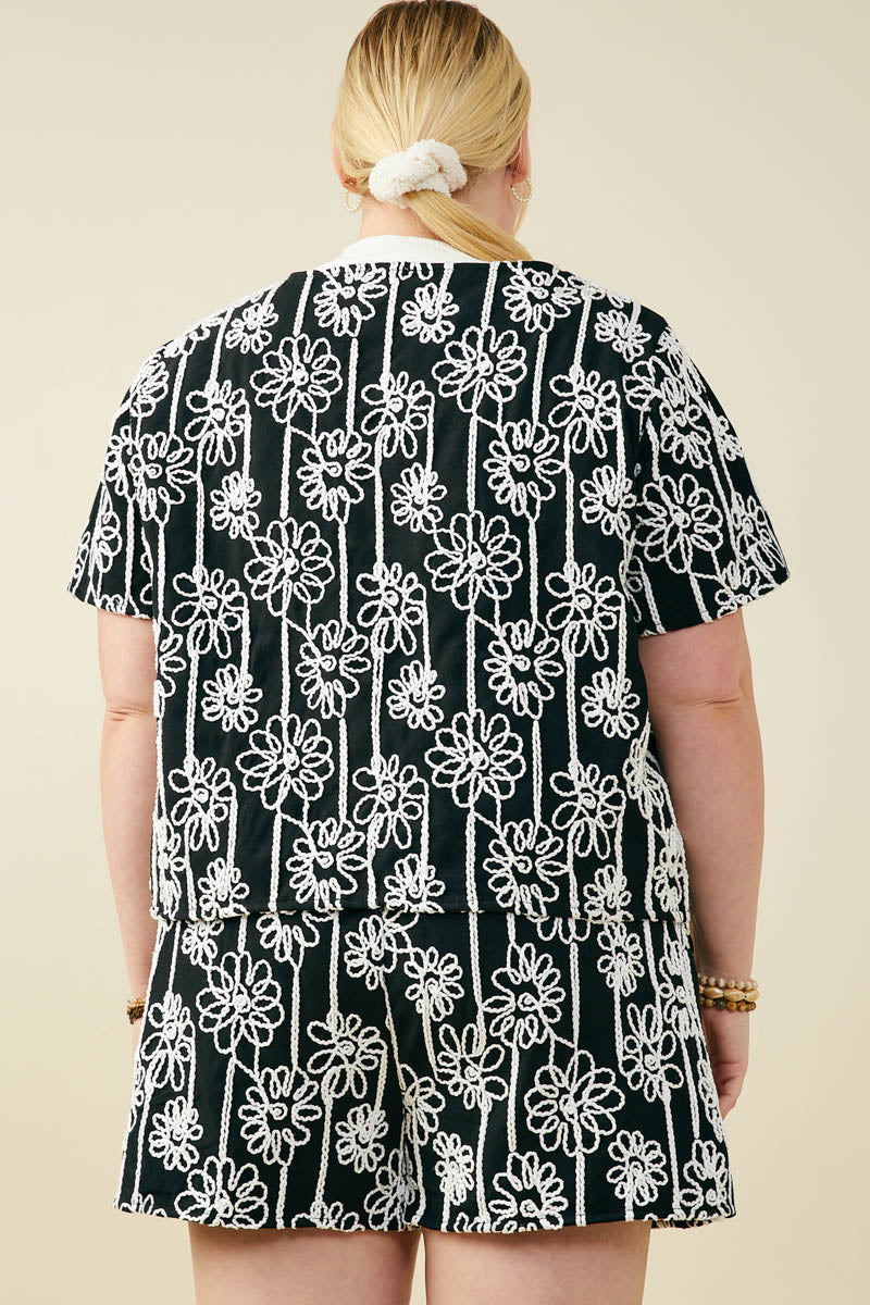 HY9572W Black Plus Daisy Embroidered Tie Closure Top Full Body