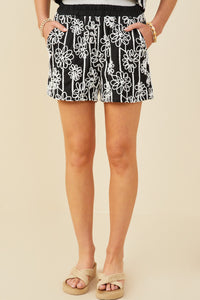 HY9573 Black Womens Daisy Embroidered Elastic Waist Shorts Gif
