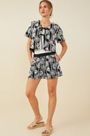 HY9573 Black Womens Daisy Embroidered Elastic Waist Shorts Full Body