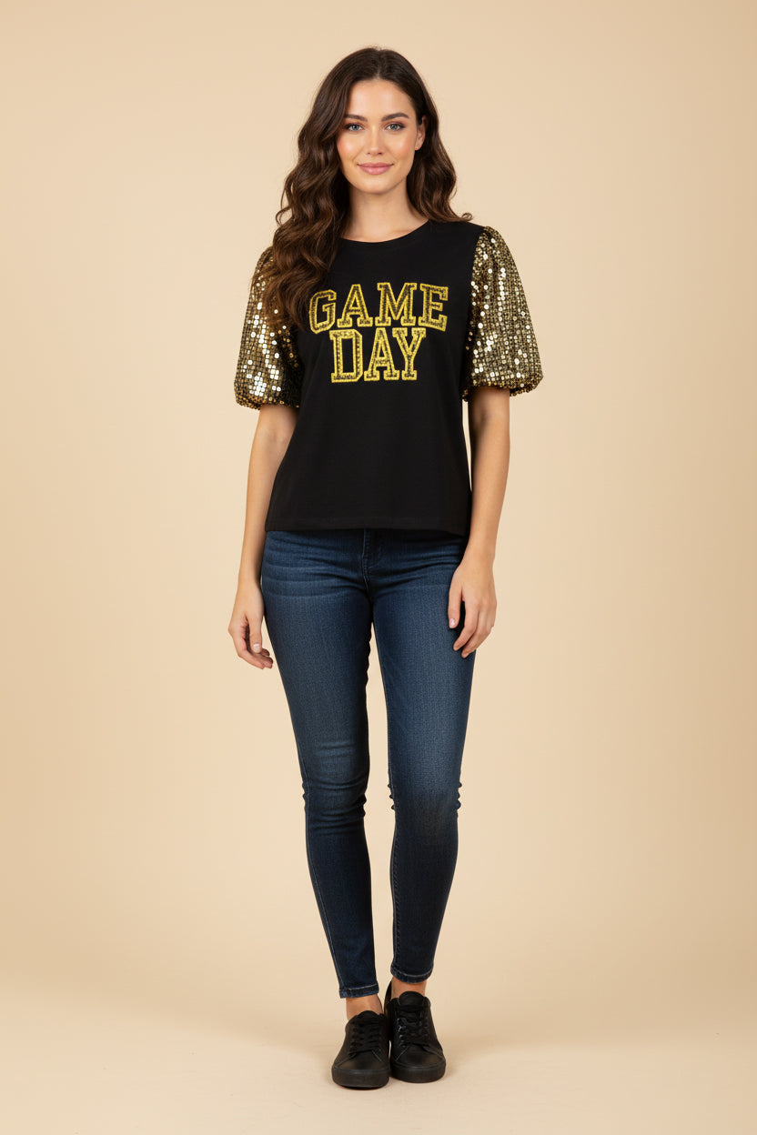 HY9581 Black Womens Gameday Contrast Sequin Sleeve Jersey T Shirt Side