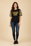 HY9581 Black Womens Gameday Contrast Sequin Sleeve Jersey T Shirt Side