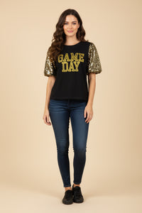 HY9581 Black Womens Gameday Contrast Sequin Sleeve Jersey T Shirt Side