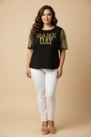 HY9581W Black Plus Gameday Contrast Sequin Sleeve Jersey T Shirt Full Body