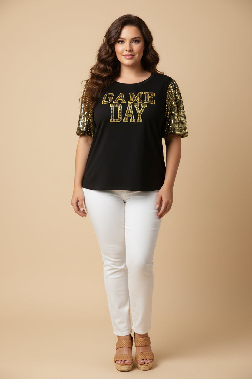 HY9581W Black Plus Gameday Contrast Sequin Sleeve Jersey T Shirt Full Body