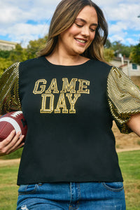 HY9581 Black Womens Gameday Contrast Sequin Sleeve Jersey T Shirt Front