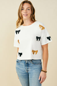 HY9583 Purple Womens Gameday Team Color Sequin Bow Patched T Shirt Gif