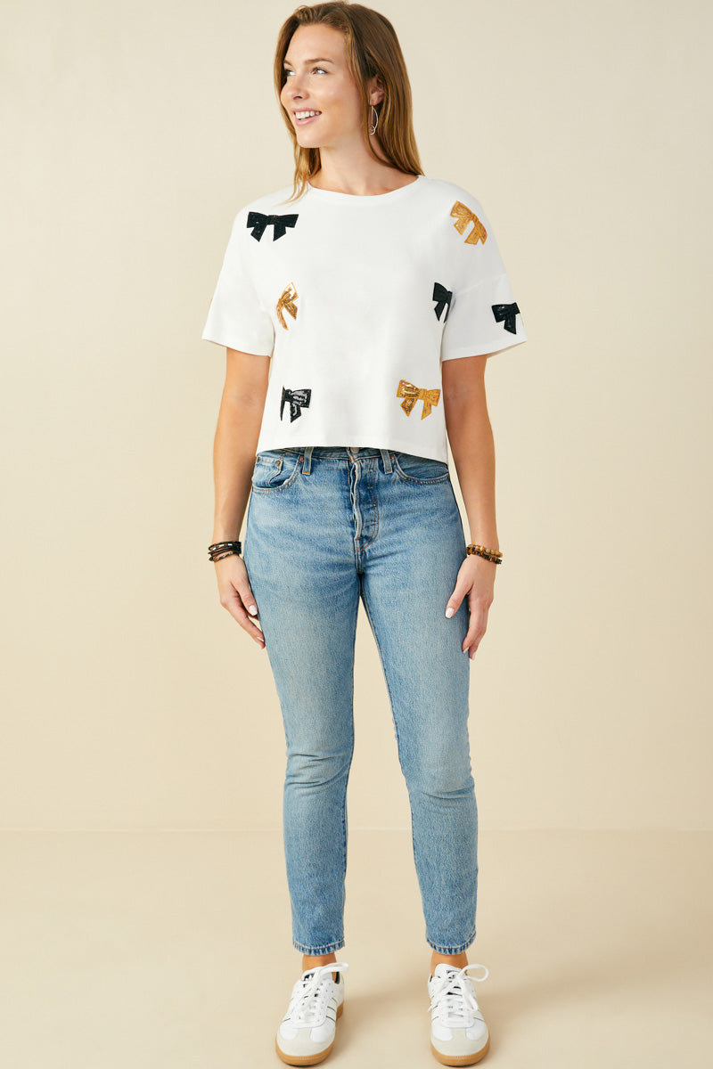 HY9583 Purple Womens Gameday Team Color Sequin Bow Patched T Shirt Full Body