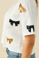 HY9583W Purple Plus Gameday Team Color Sequin Bow Patched T Shirt Gif