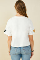 HY9583W Purple Plus Gameday Team Color Sequin Bow Patched T Shirt Detail