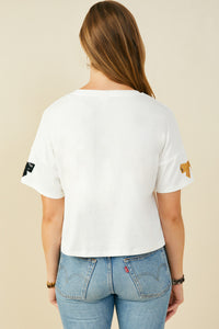 HY9583W Purple Plus Gameday Team Color Sequin Bow Patched T Shirt Detail