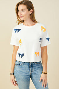 HY9583 Orange Womens Gameday Team Color Sequin Bow Patched T Shirt Gif