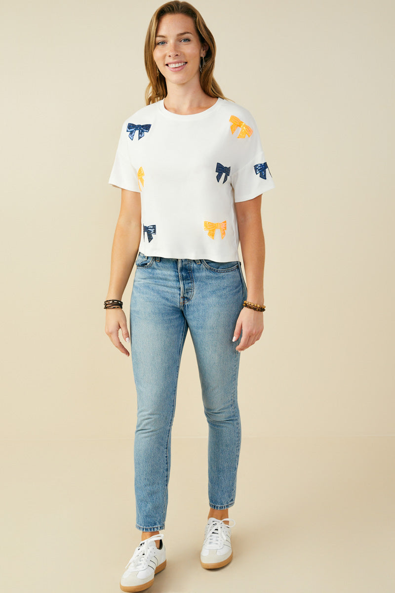 HY9583 Orange Womens Gameday Team Color Sequin Bow Patched T Shirt Full Body