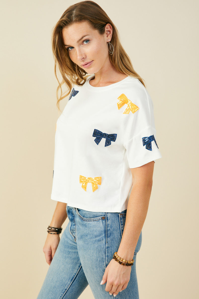 HY9583W Orange Plus Gameday Team Color Sequin Bow Patched T Shirt Gif