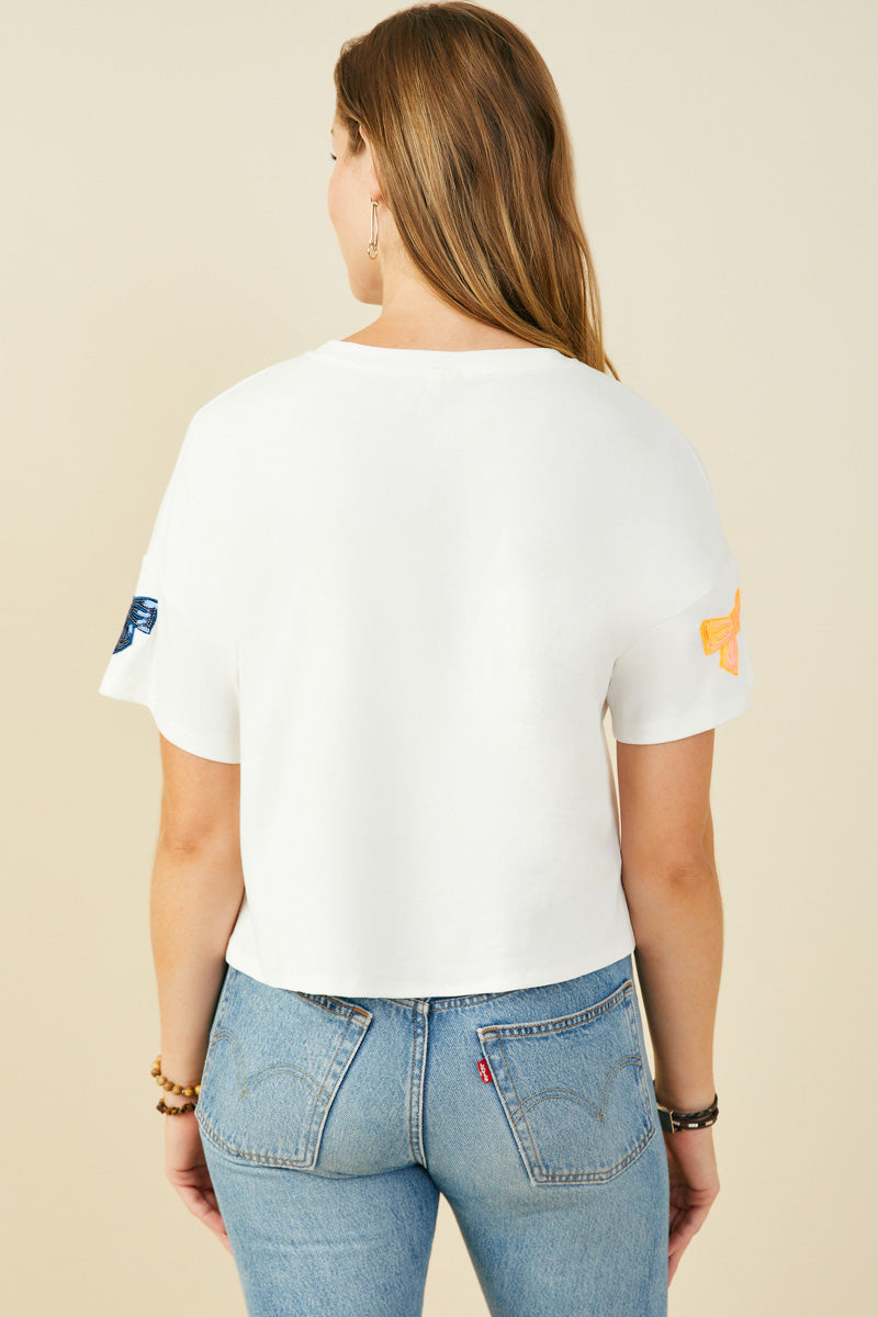 HY9583W Orange Plus Gameday Team Color Sequin Bow Patched T Shirt Full Body