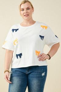 HY9583W Orange Plus Gameday Team Color Sequin Bow Patched T Shirt Front