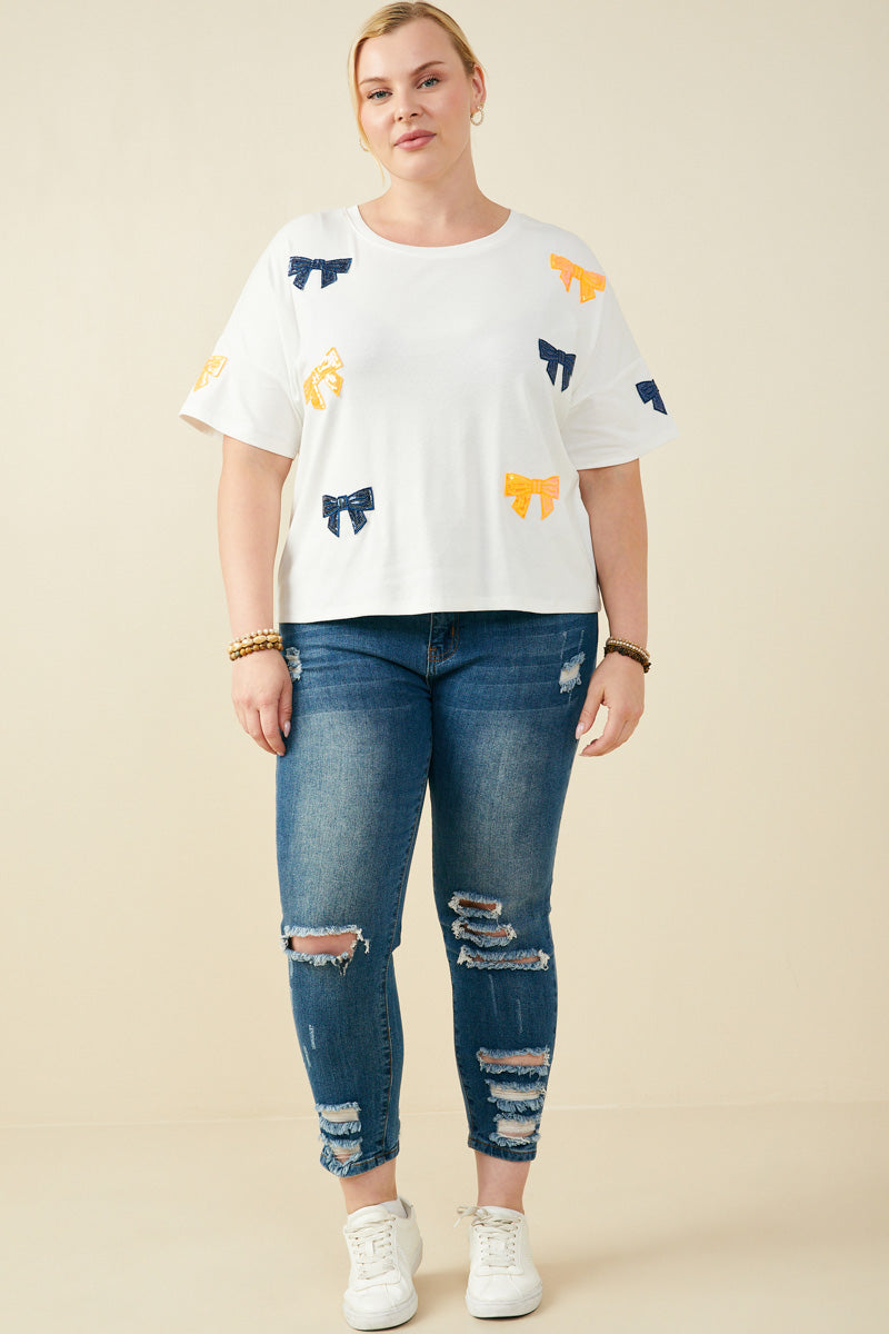 HY9583 Purple Womens Gameday Team Color Sequin Bow Patched T Shirt Front