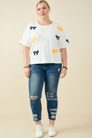 HY9583 Purple Womens Gameday Team Color Sequin Bow Patched T Shirt Front