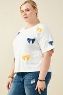 HY9583W Purple Plus Gameday Team Color Sequin Bow Patched T Shirt Front