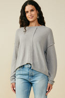 HY9627W Grey Plus Stitch Detail Asymmetric Sweater Top Front