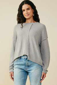 HY9627W Grey Plus Stitch Detail Asymmetric Sweater Top Front