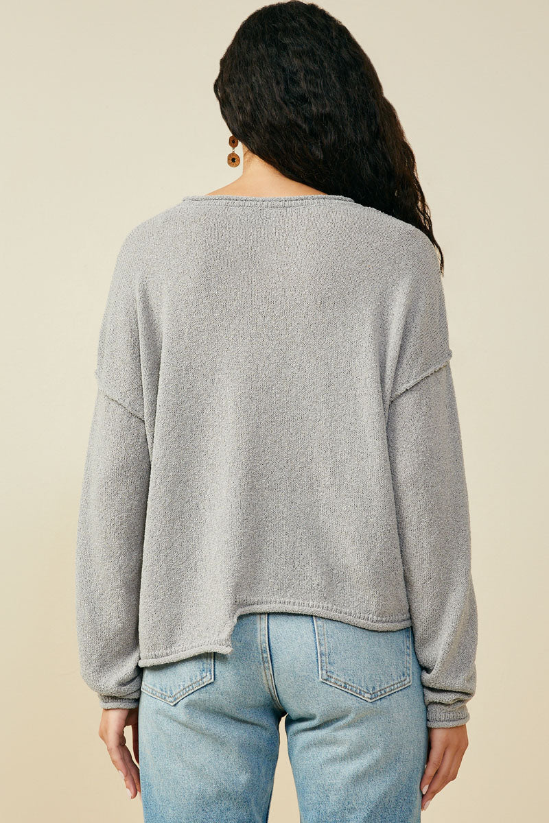 HY9627 Grey Womens Stitch Detail Asymmetric Sweater Top Front