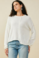 HY9627 Ivory Womens Stitch Detail Asymmetric Sweater Top Front