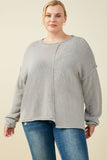 HY9627 Grey Womens Stitch Detail Asymmetric Sweater Top Pose
