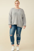 HY9627 Grey Womens Stitch Detail Asymmetric Sweater Top Full Body