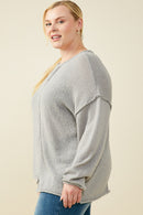 HY9627W Grey Plus Stitch Detail Asymmetric Sweater Top Gif