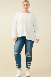 HY9627 Ivory Womens Stitch Detail Asymmetric Sweater Top Side