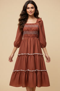 Contrast Smocking Detailed Ruffled Square Neck Dress
