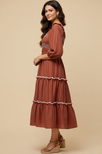 Contrast Smocking Detailed Ruffled Square Neck Dress