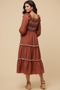Contrast Smocking Detailed Ruffled Square Neck Dress