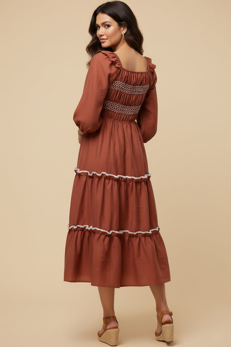 Contrast Smocking Detailed Ruffled Square Neck Dress