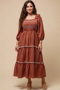 Contrast Smocking Detailed Ruffled Square Neck Dress