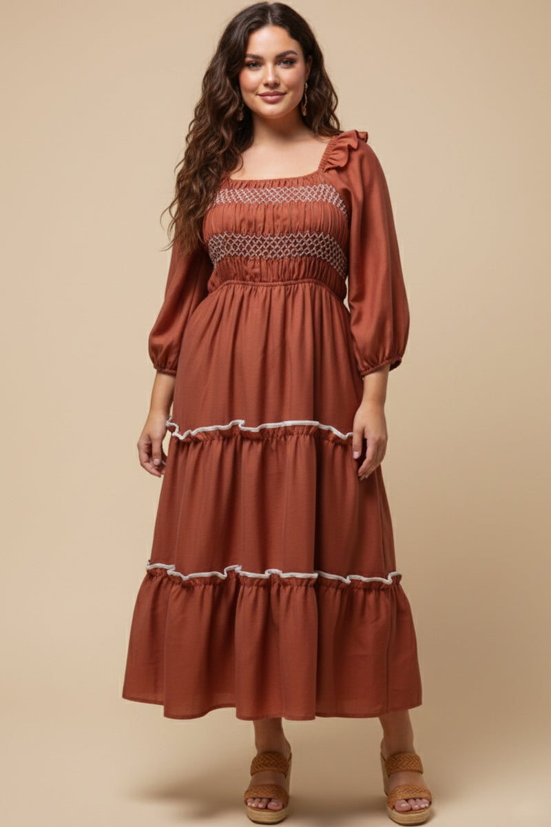 Contrast Smocking Detailed Ruffled Square Neck Dress