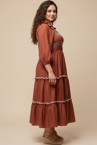 Contrast Smocking Detailed Ruffled Square Neck Dress
