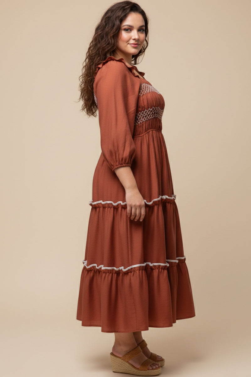 Contrast Smocking Detailed Ruffled Square Neck Dress