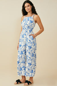 HY9656 Blue Womens Monochrome Floral Smocked Waist Jumpsuit Full Body