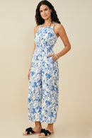 HY9656 Blue Womens Monochrome Floral Smocked Waist Jumpsuit Full Body