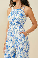 HY9656 Blue Womens Monochrome Floral Smocked Waist Jumpsuit Detail