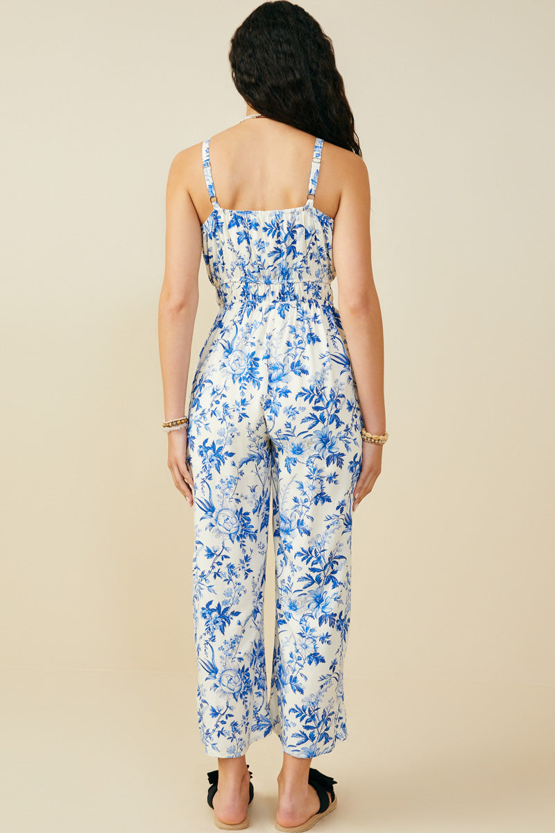 HY9656 Blue Womens Monochrome Floral Smocked Waist Jumpsuit Back